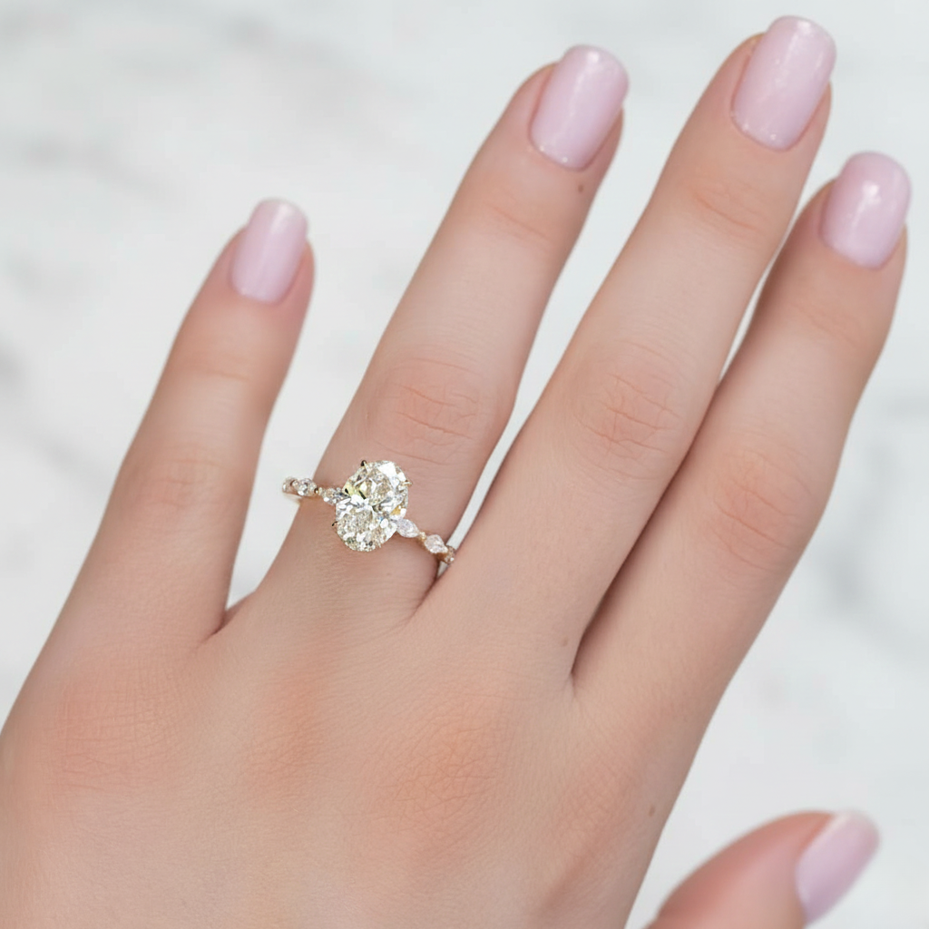 Oval Ring with Marquise Accent Solitaire | Lab Grown Diamond | 14K Yellow Gold
