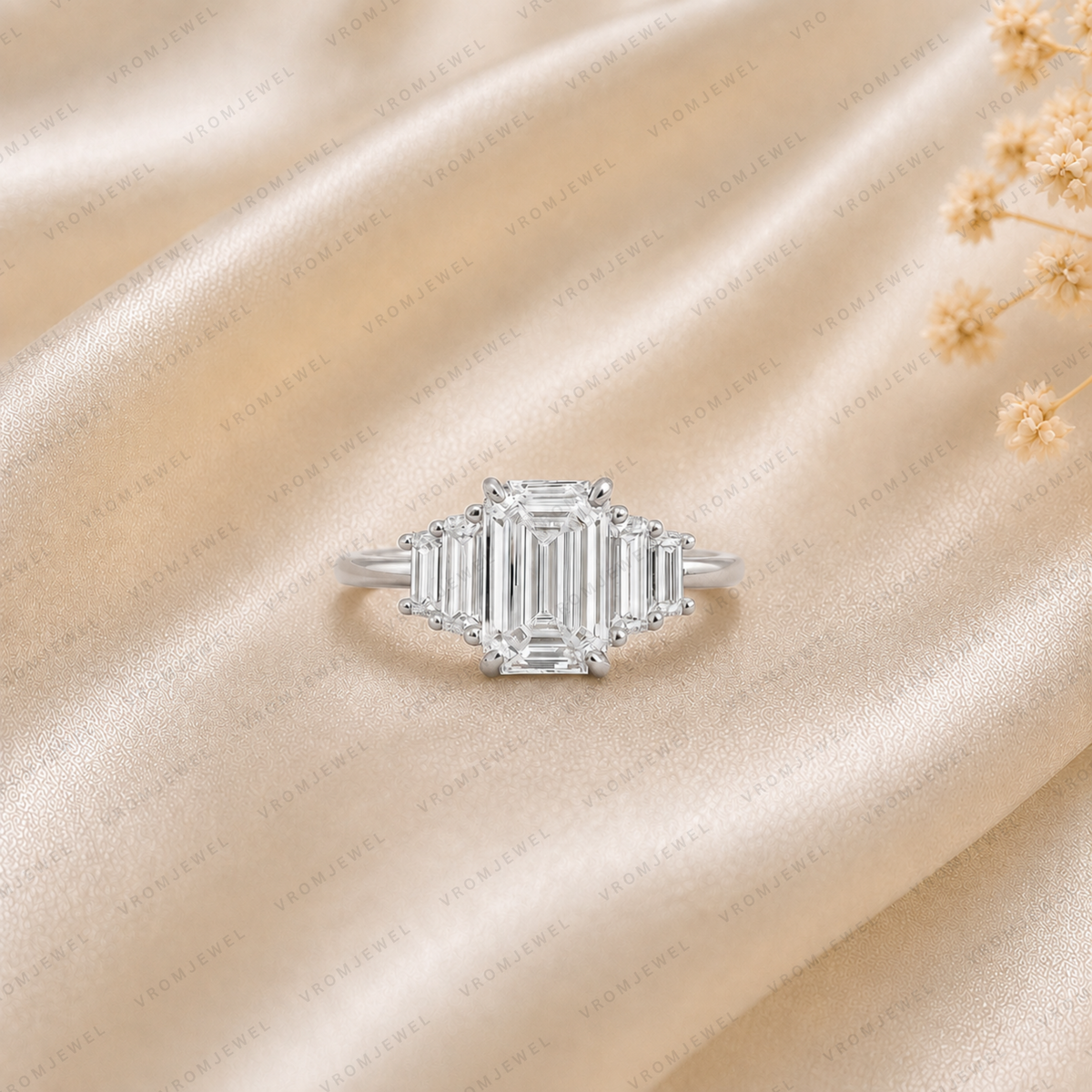 Emerald Cut Lab Grown Diamond Engagement Ring | 14K Gold Baguette Bar Ring