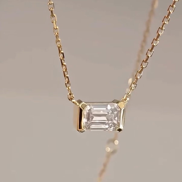 Dainty Emerald Cut Half Bezel Pendant Necklace | Lab Grown Diamond | 14K Yellow Gold