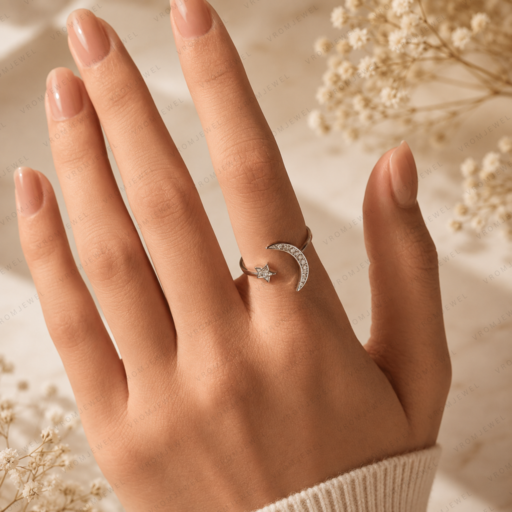 Moon and Star Lab Grown Diamond Ring, Celestial Diamond Ring, Crescent Moon Ring, Star Ring, Solid Gold Open Ring, Minimalist Promise Ring
