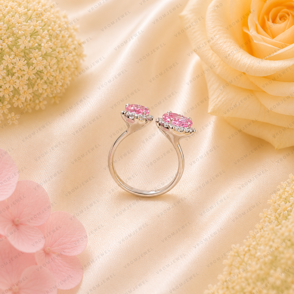 Pink Pear & Oval Lab Grown Diamond Ring, 3 Carat Pink Diamond Ring, Open Bypass Ring, Two Stone Engagement Ring, Halo Diamond Ring, 10K 14K