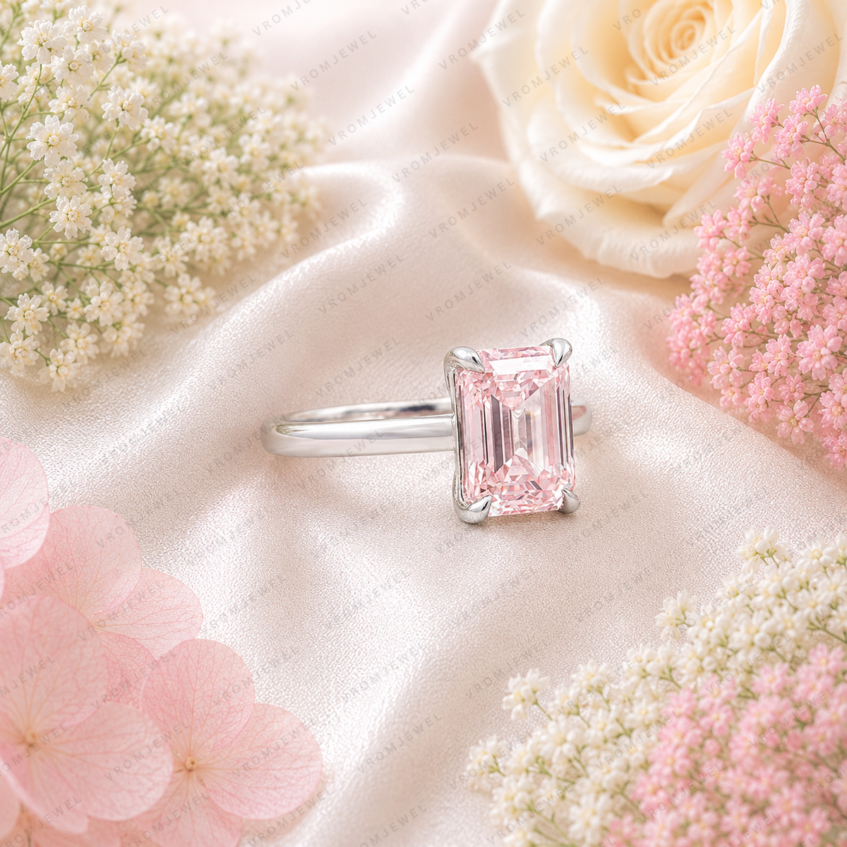 Pink Emerald Cut Lab Grown Diamond Engagement Ring, Minimalist Solitaire Ring, Pink Diamond Ring, 4 Prong Setting, 10K 14K 18K Gold