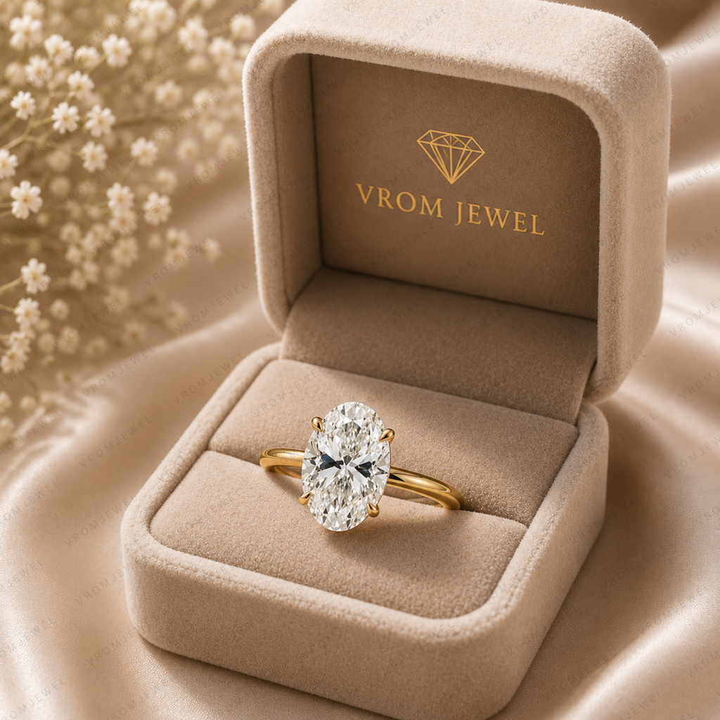 Oval Lab Grown Diamond Solitaire Ring in Handmade Solid 14K Gold