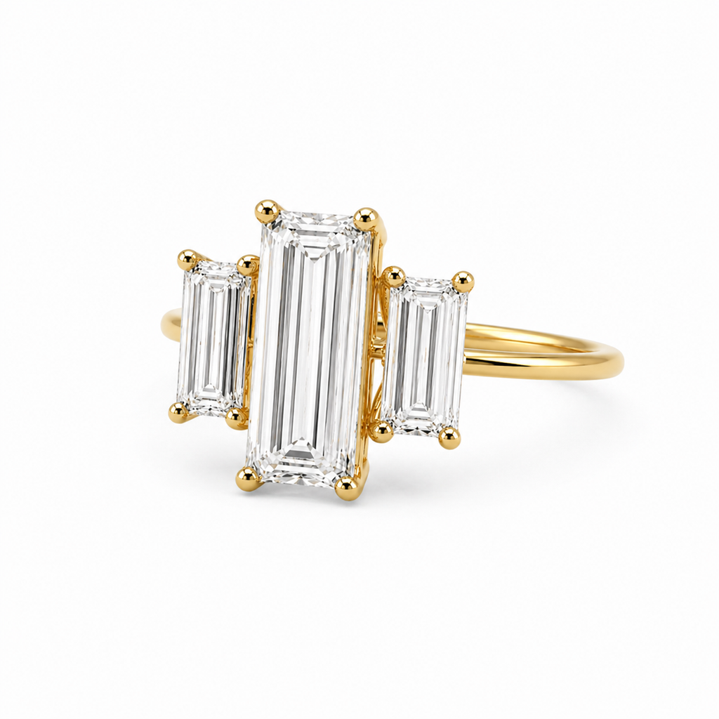 3 Stone Baguette Lab Grown Diamond Ring | 3 CT Total | Step Cut Engagement Ring | 14K Gold Proposal Ring