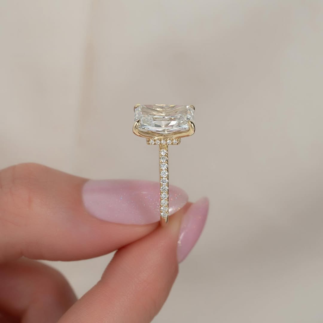 4.5CT Radiant Cut Ring with Side Accents and Hidden Halo | Lab Grown Diamond | 14K Yellow Gold