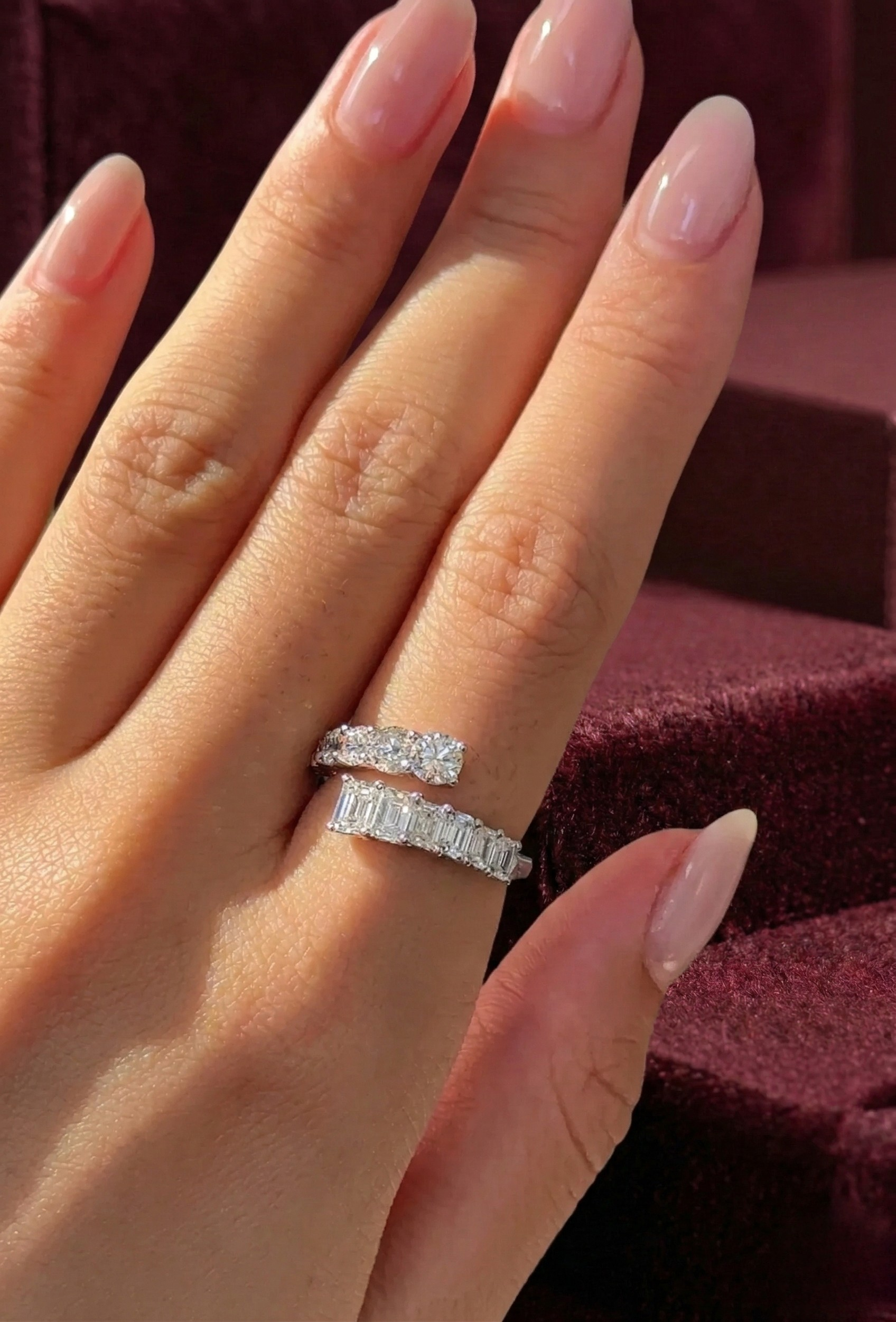Graduated Round & Emerald Lab Grown Diamond Twist Ring, Bypass Diamond Ring, 2.20 Carat Diamond Statement Ring, Unique Engagement Ring