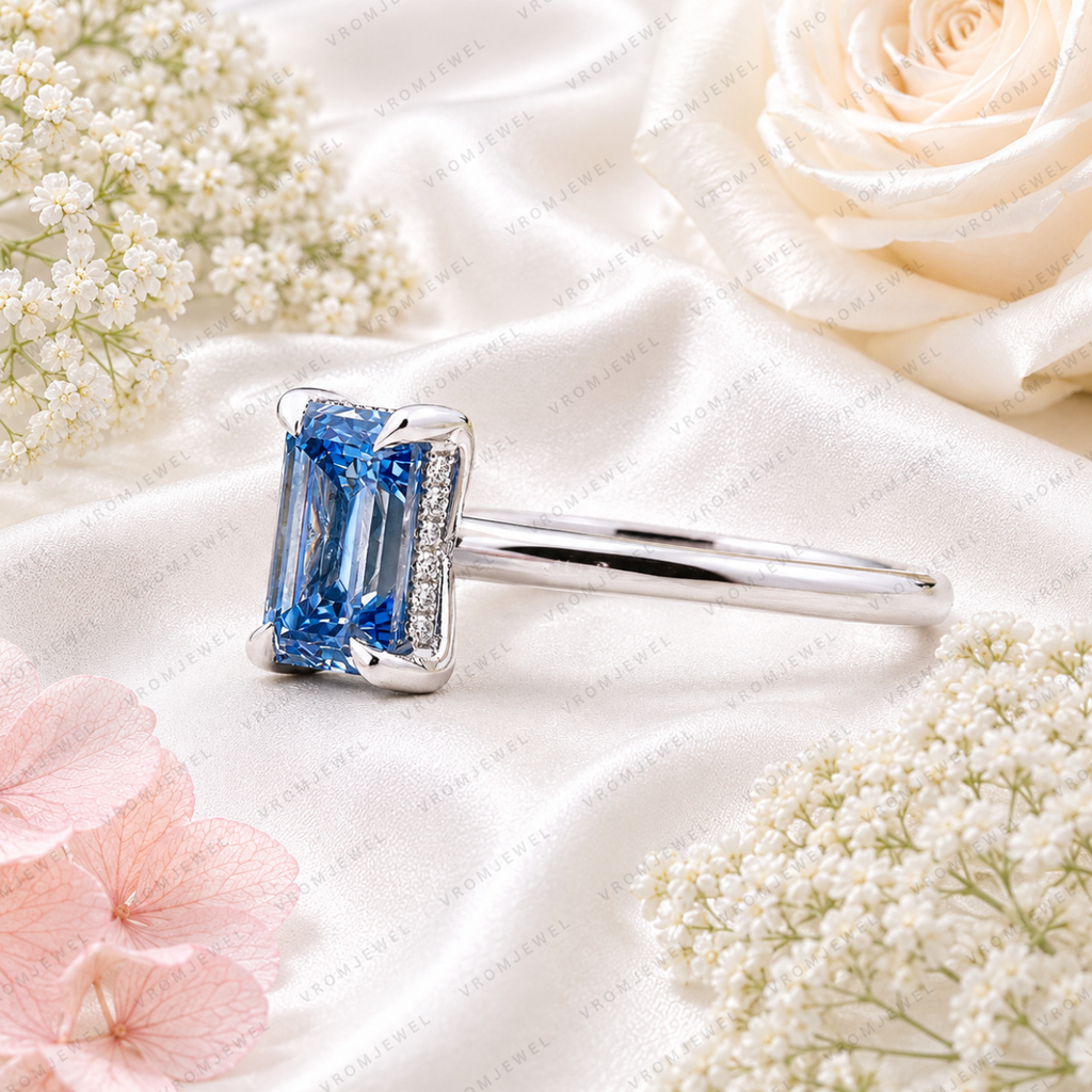 Blue Emerald Cut Lab Grown Diamond Ring, 1.50 Carat Blue Diamond Engagement Ring, Emerald Cut Solitaire Ring, Diamond Accent Setting