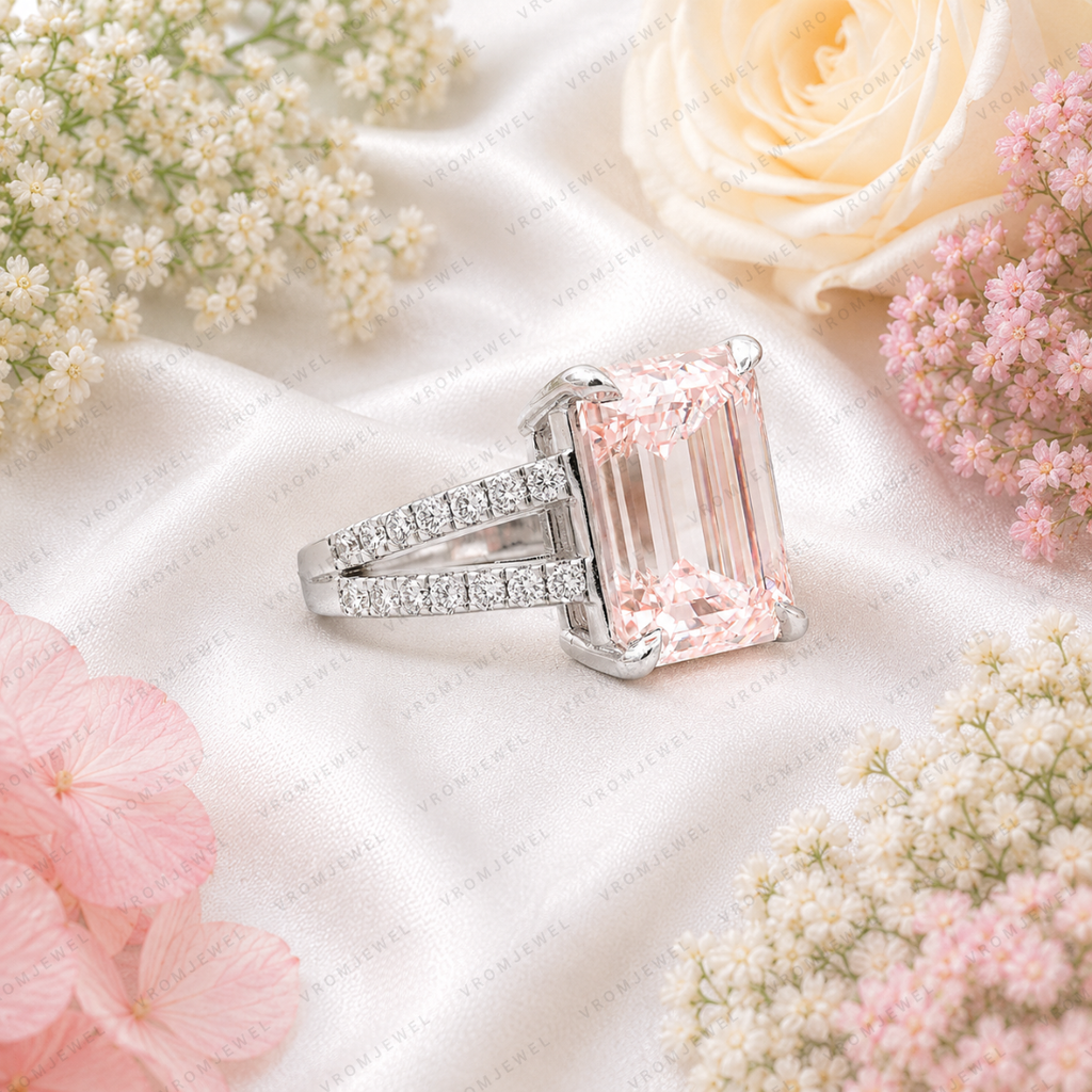 Pink Emerald Cut Lab Grown Diamond Engagement Ring, Split Shank Diamond Ring, Pink Diamond Ring, Pavé Setting, 10K 14K 18K Gold