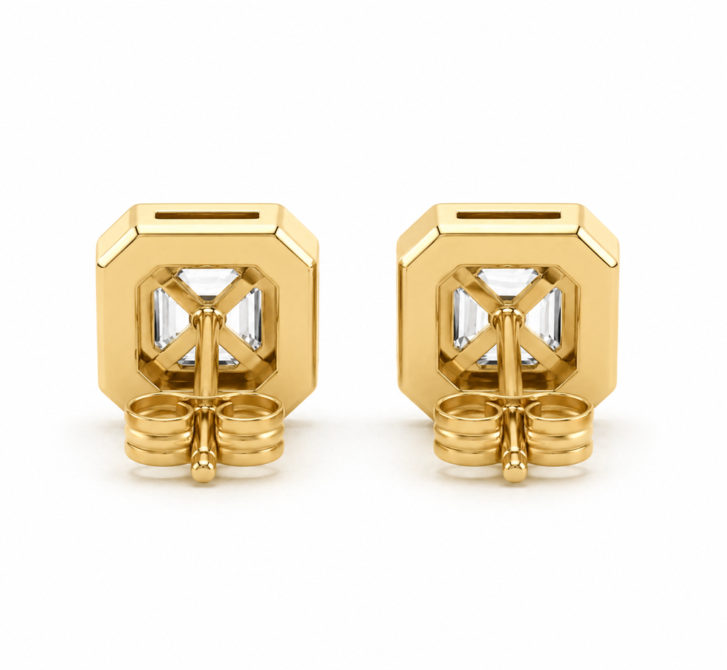 Asscher Cut Lab Grown Diamond Stud Earrings | 2 CTW | Bezel Set | Modern Geometric Studs | 14K Gold