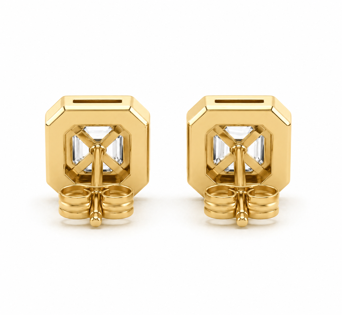 Asscher Cut Lab Grown Diamond Stud Earrings | 2 CTW | Bezel Set | Modern Geometric Studs | 14K Gold
