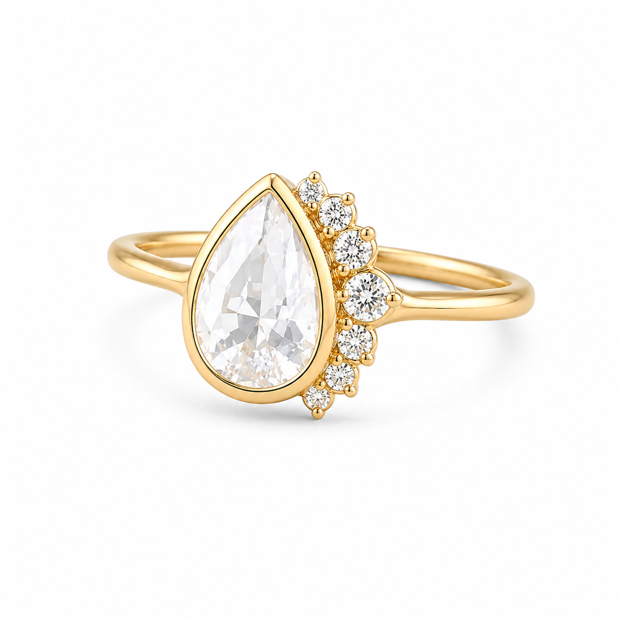 Pear Shape Rose Cut Lab Grown Diamond Ring | 1 CT | Nature Inspired Design | Bezel Setting with Graduated Accents | 14K Gold