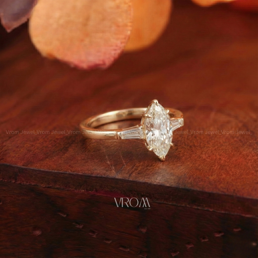Marquise Cut 3 Stone Ring with Tapered Baguette Trio | Lab Grown Diamond | 14K Yellow Gold