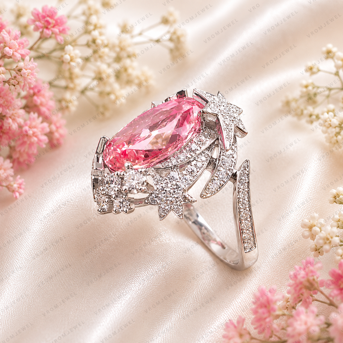 Pink Oval Lab Grown Diamond Engagement Ring, 2.50 Carat Pink Diamond Ring, Floral Halo Ring, Diamond Accent Band, Statement Ring, 10K 14K