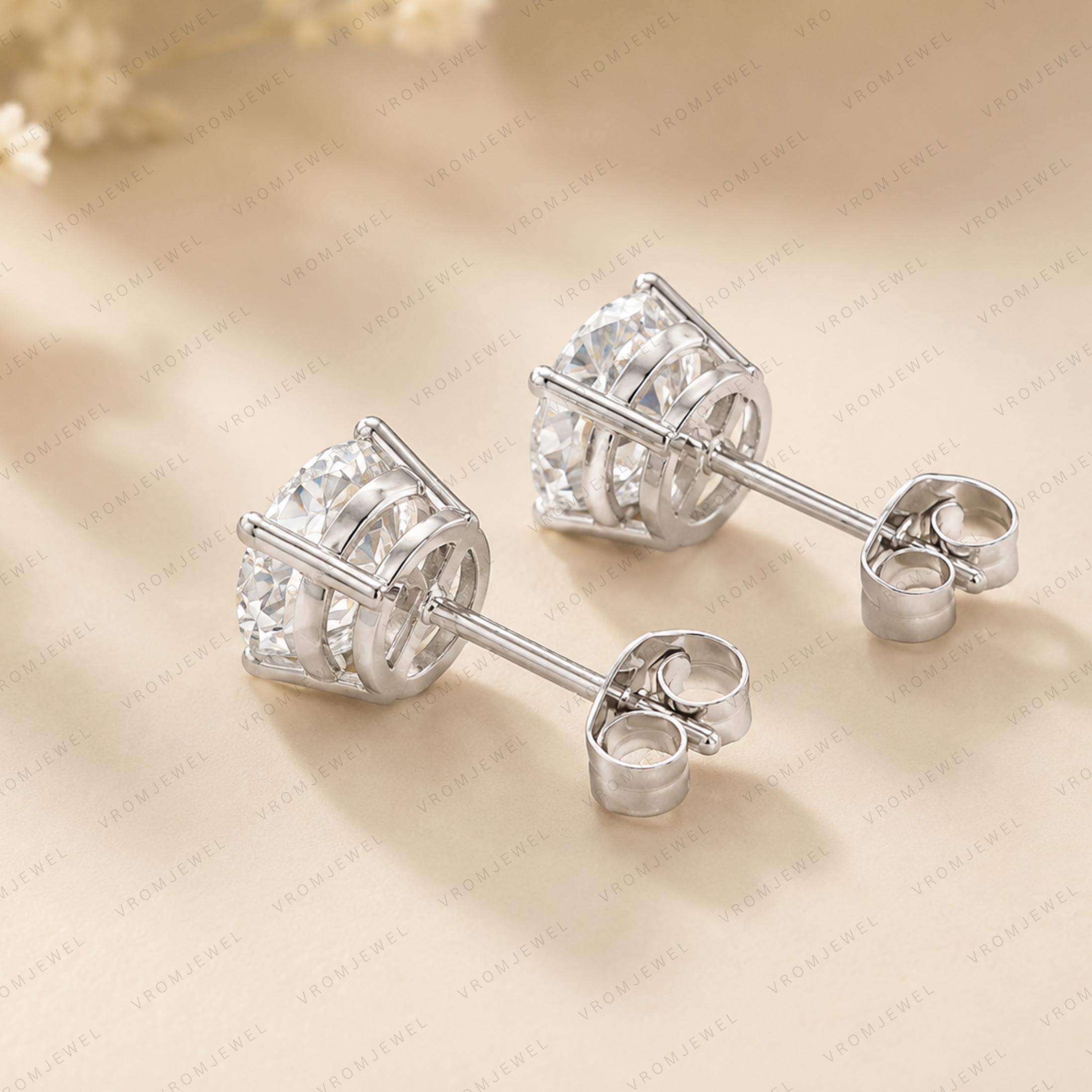 Round Lab Grown Diamond Solitaire Bridal Stud Earrings in Solid 14K Gold