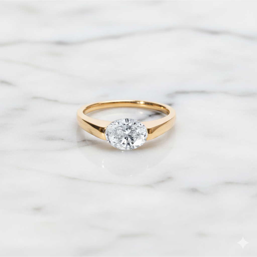 Modern Oval Cut East West Ring | Lab Grown Diamond | 14K Yellow Gold Sleek Style