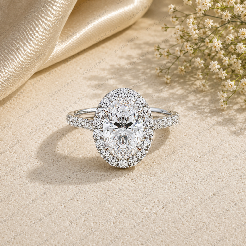 Oval Shape Lab Grown Diamond Halo Engagement Ring with Side Stones in Solid 14K Gold