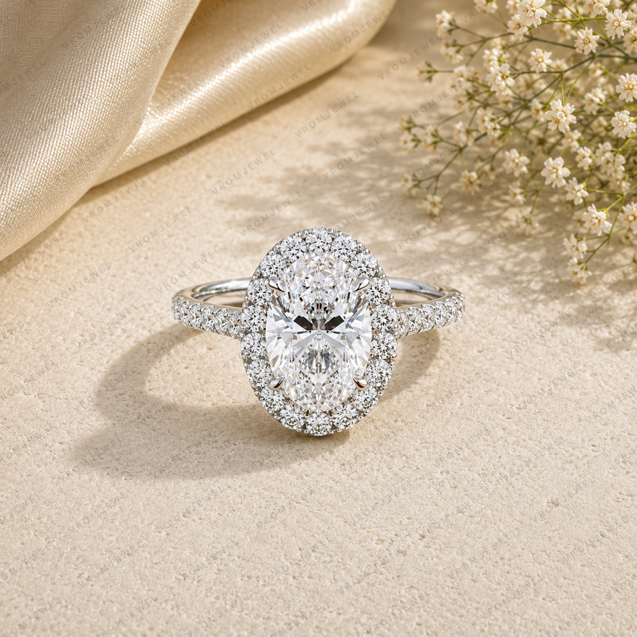 Oval Shape Lab Grown Diamond Halo Engagement Ring with Side Stones in Solid 14K Gold