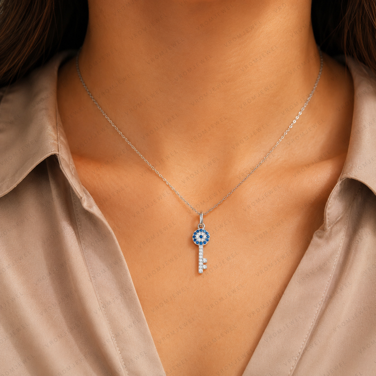 Key Pendant Lab Grown Diamond Necklace, Blue & White Diamond Choker, Key Shape Necklace, Solid Gold Diamond Pendant, Vintage Key Necklace