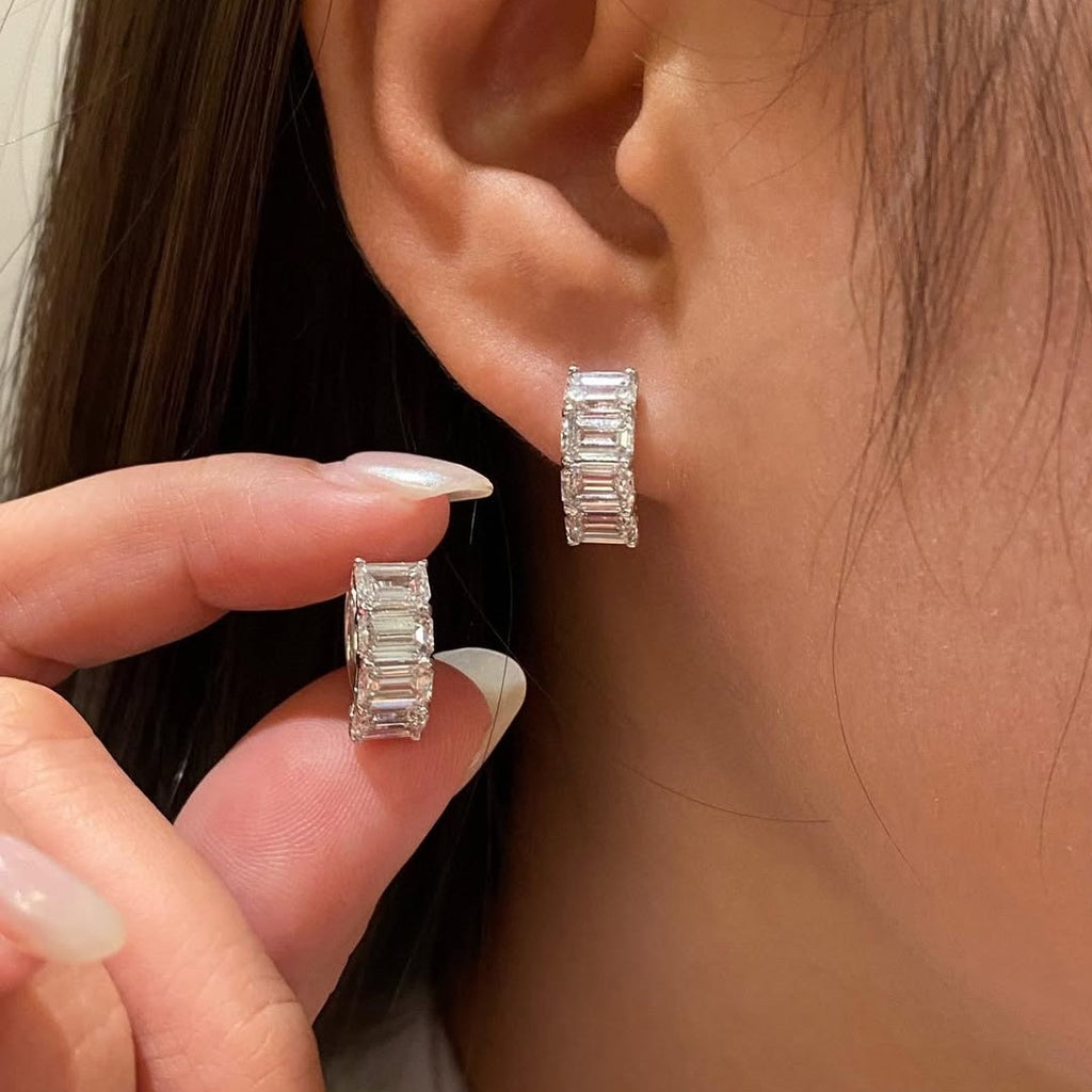 14K Gold Lab Grown Diamond Huggie Earrings: Emerald Cut Half Eternity
