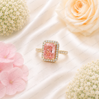 Pink Radiant Cut Lab Grown Diamond Engagement Ring, Halo Diamond Ring, Pink Diamond Ring, Pavé Band, 4 Prong Setting, 10K 14K 18K Gold