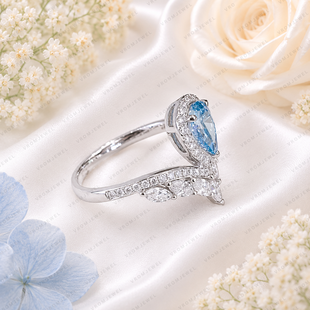 Blue Pear Shape Lab Grown Diamond Ring, 0.80 Ct Blue Diamond Engagement Ring, Marquise & Round Diamond Accents, Halo Ring, Unique BridalRing