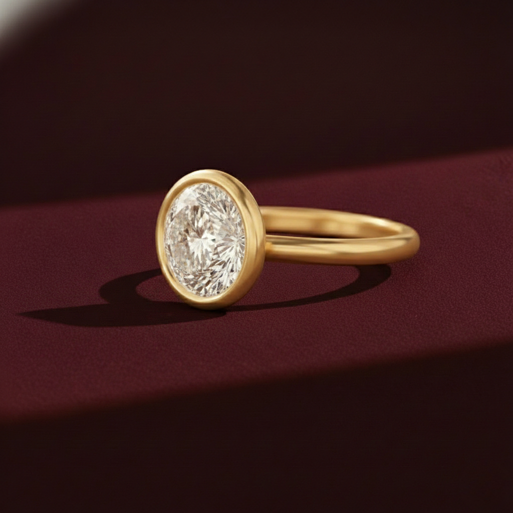 Portuguese Cut Lab Grown Diamond Ring, Bezel Set Round Engagement Ring, 14K Yellow Gold Solitaire Ring, Statement Diamond Ring,IGI Certified