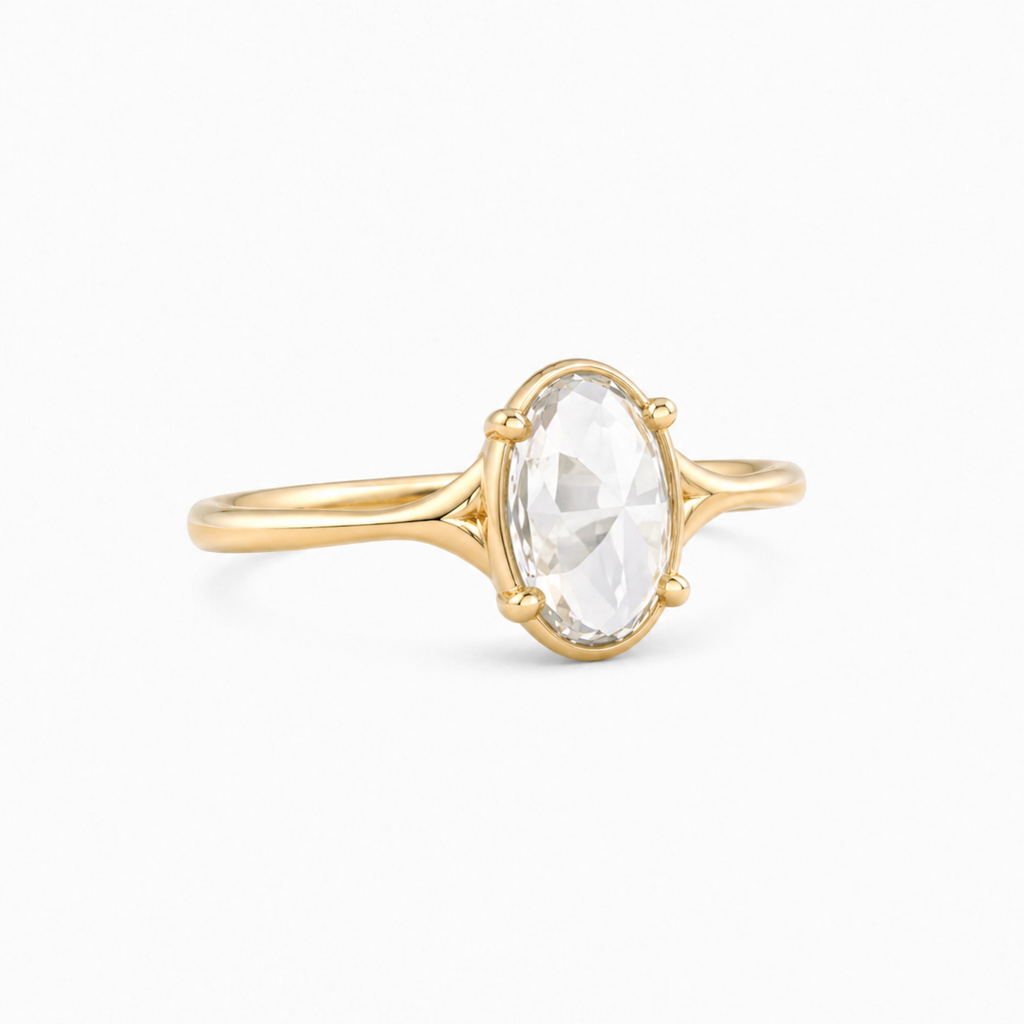 Oval Rose Cut Lab Grown Diamond Ring | 1 CT | Bezel with 4 Prong Setting | Vintage Style Engagement Ring | 14K Gold