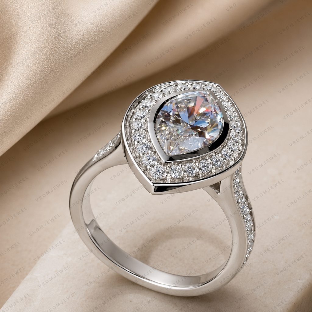 Elegant Marquise Lab Grown Diamond Bezel Set Halo Engagement Ring