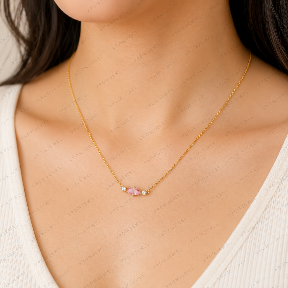 Pink Marquise Lab Grown Diamond Necklace, Marquise Diamond Pendant, Pink Diamond Necklace, Solid Gold Necklace, Minimalist Diamond Necklace