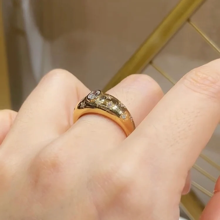 Star Celestial Domed Ring | Lab Grown Diamond | 14K Yellow Gold Cigar Band