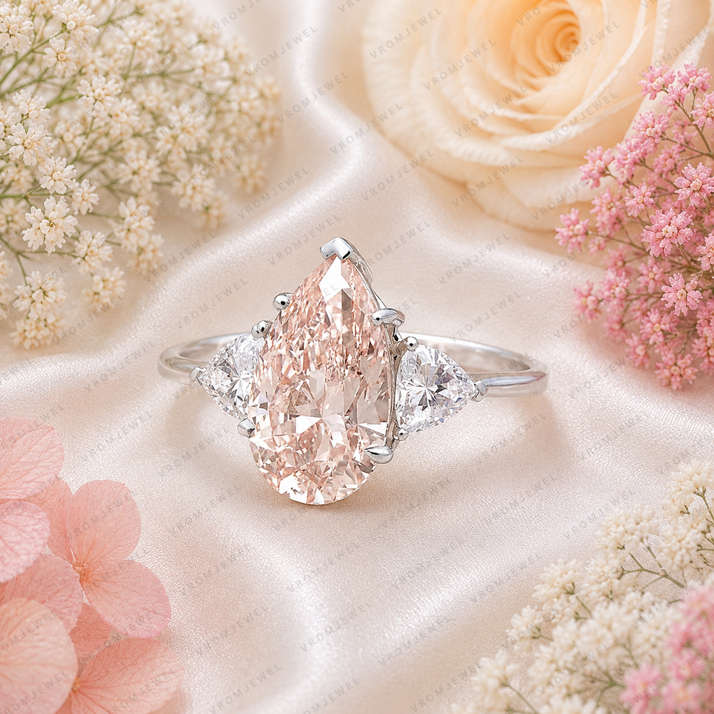 10 Carat Pink Pear Lab Grown Diamond Engagement Ring, Triangle Diamond Accents, Pink Pear Shape Ring, Statement Bridal Ring
