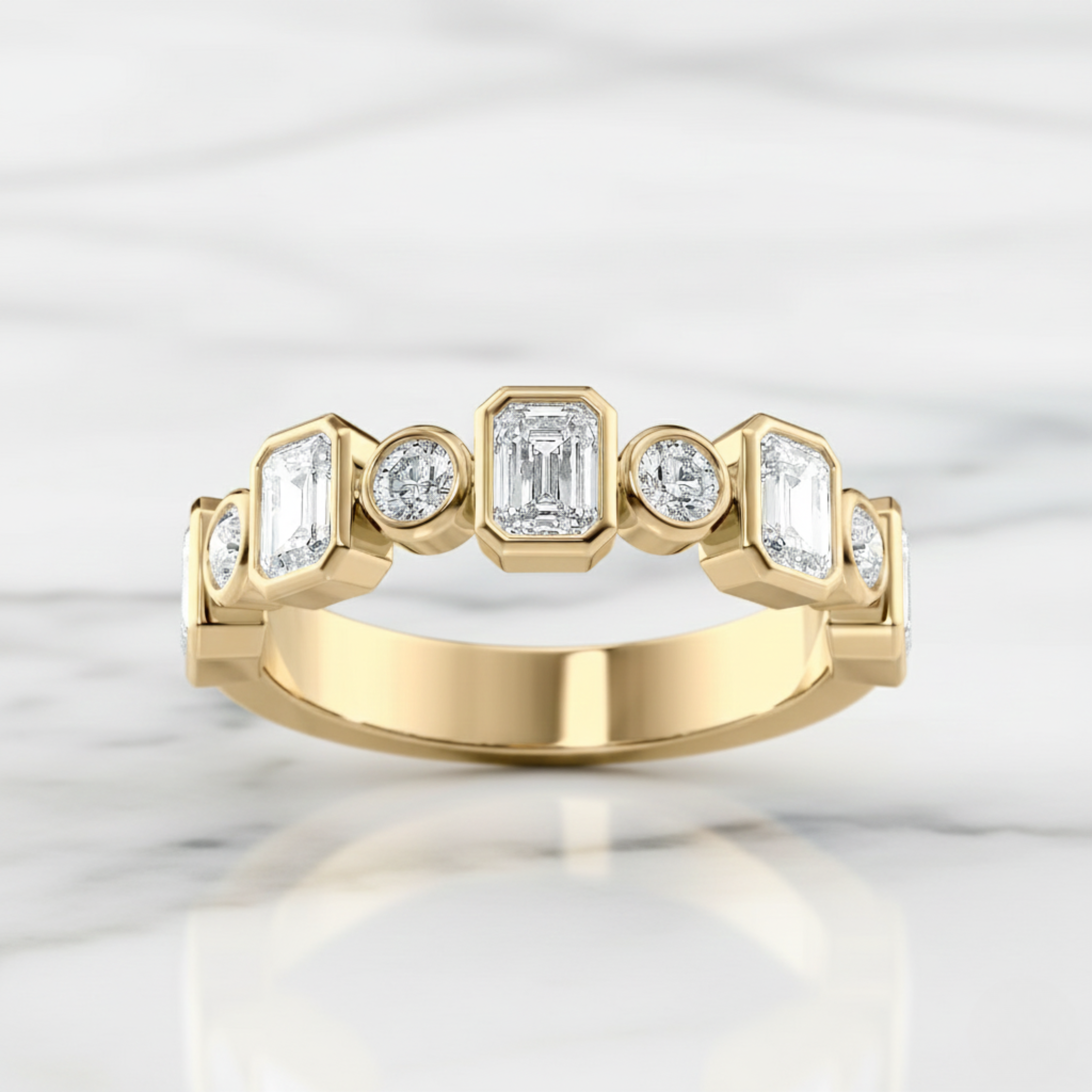 Bezel Set Emerald & Round Cut Band | Lab Grown Diamond | 14K Yellow Gold Minimal Style