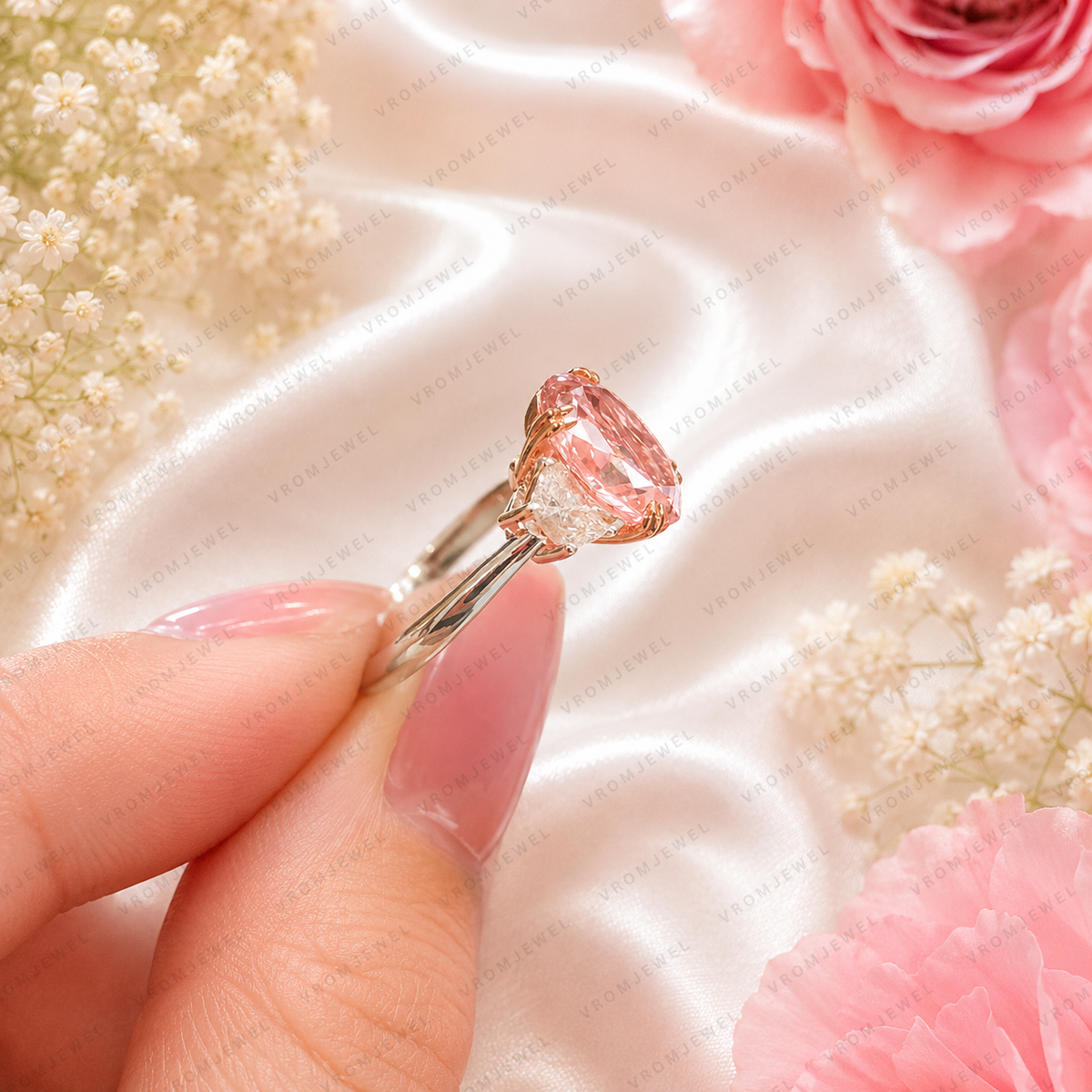 Pink Oval Lab Grown Diamond Engagement Ring, 3.00 Carat Pink Diamond Ring, Half Moon Diamond Side Stones, Three Stone Ring, 10K 14K 18K Gold