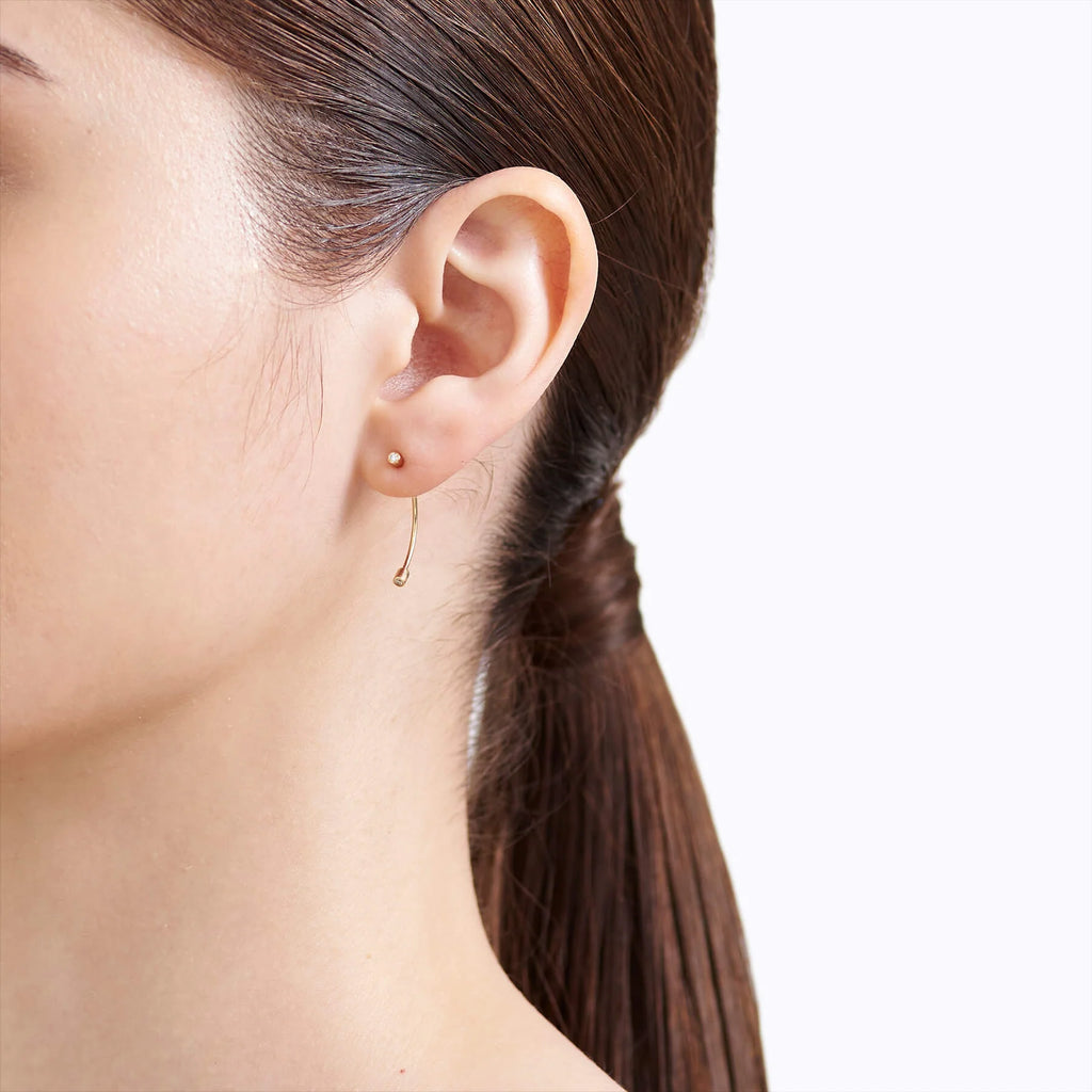 Minimal Curved Bar Dot Earrings | Lab Grown Diamond | 14K Yellow Gold Sleek Line Design