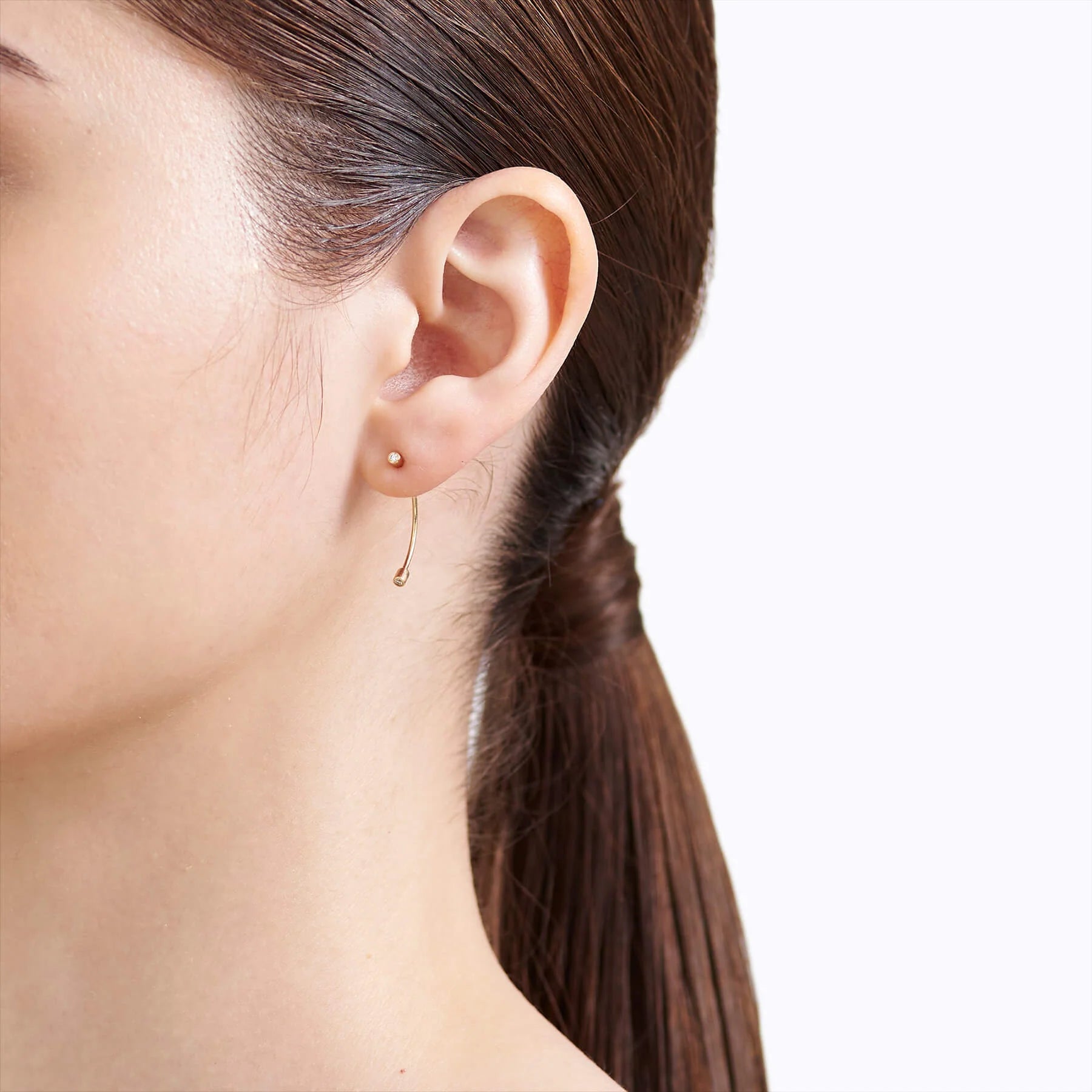 Minimal Curved Bar Dot Earrings | Lab Grown Diamond | 14K Yellow Gold Sleek Line Design