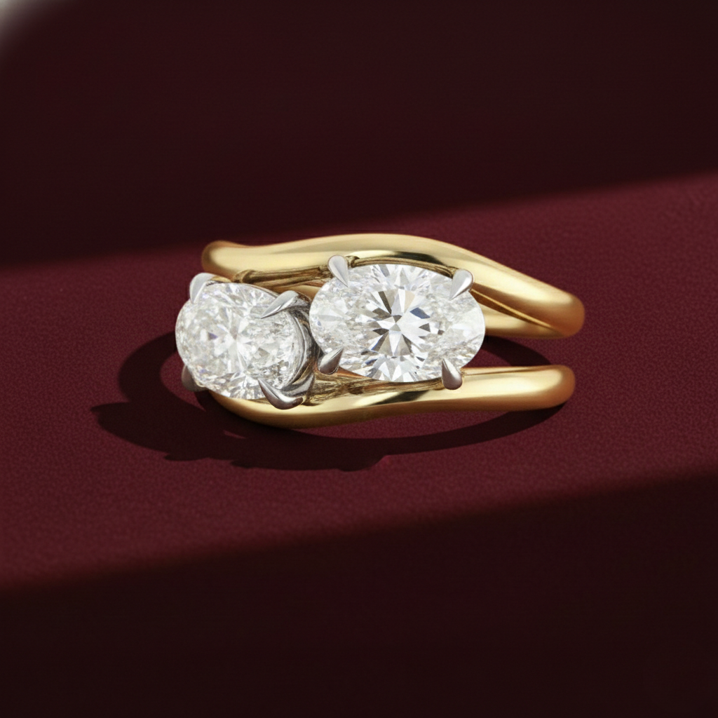 Two Tone Toi et Moi Lab Grown Diamond Ring, Oval Two Stone Engagement Ring, 14K White and Yellow Gold, Romantic Bypass Ring, Gift for Her