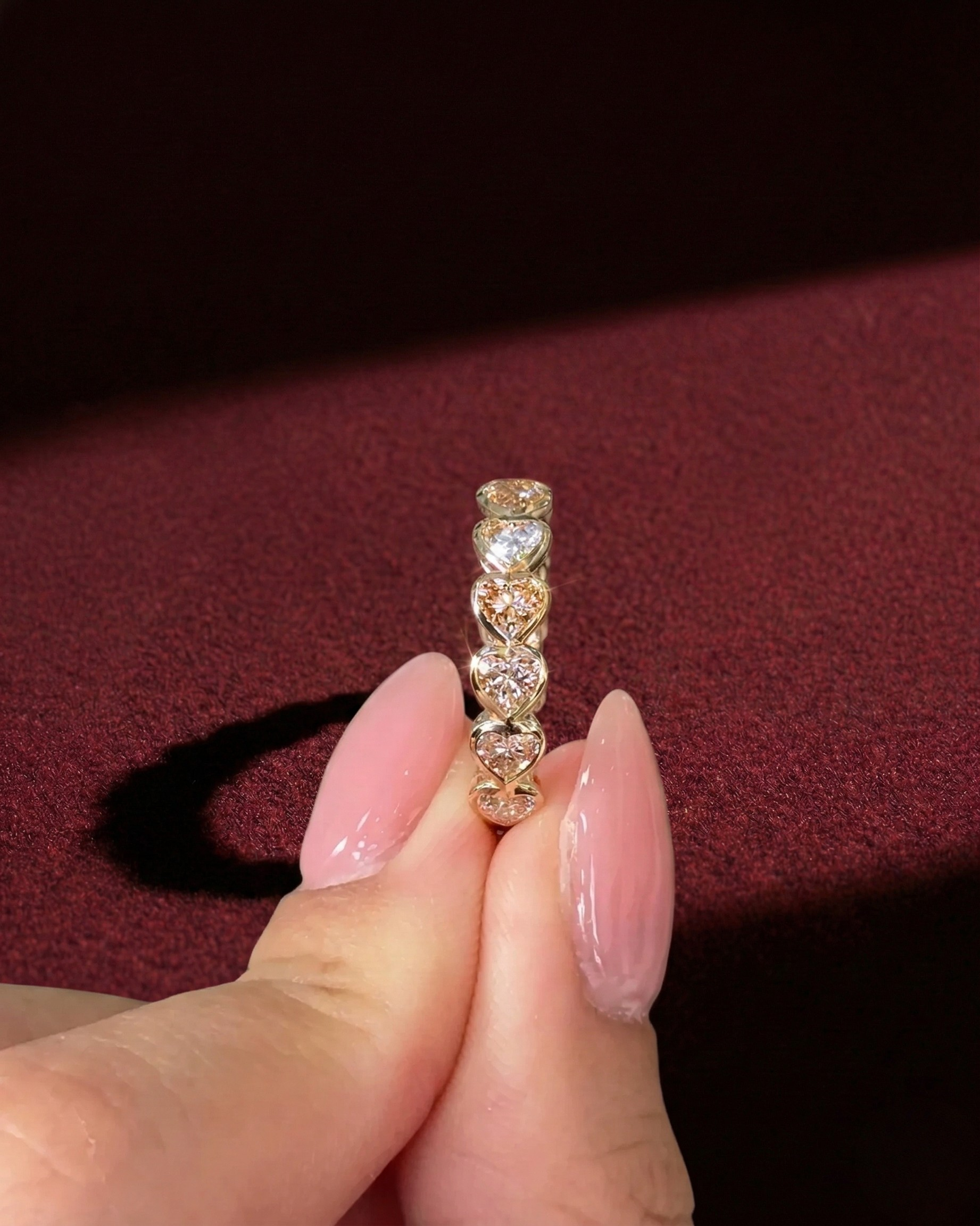 Heart Shape Diamond Half Eternity Band, Bezel Set Heart Diamond Wedding Band, Heart Diamond Anniversary Ring, Stackable Diamond Band.