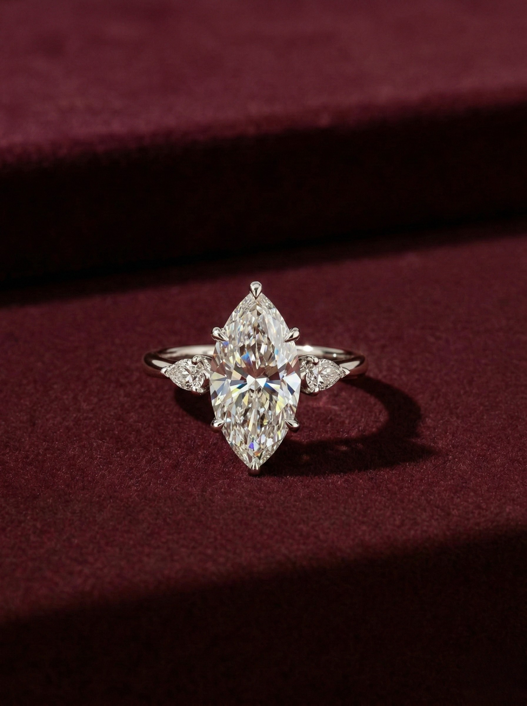 Marquise Lab Grown Diamond Engagement Ring, Marquise Diamond Ring with Kite Side Stones, 3 Carat Diamond Ring, Unique Three Stone Ring
