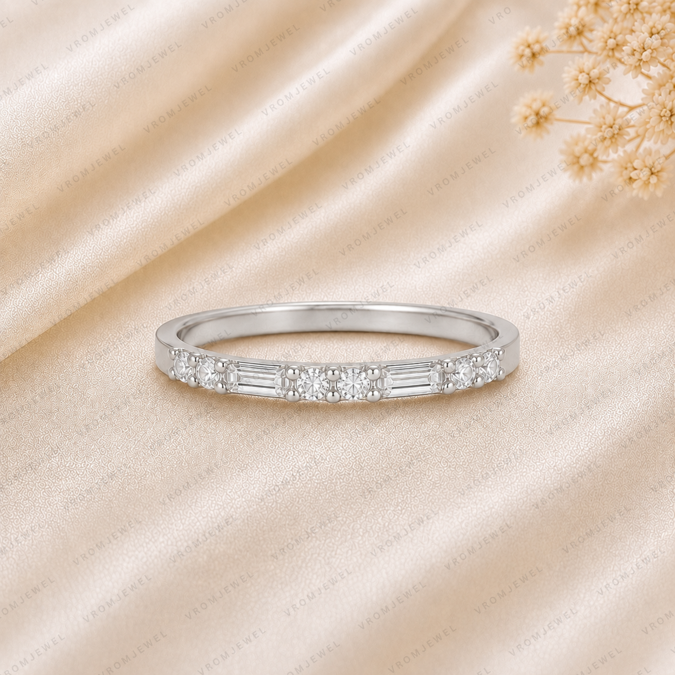 Lab Grown Diamond Wedding Band: 14K Gold Round & Baguette Anniversary Ring