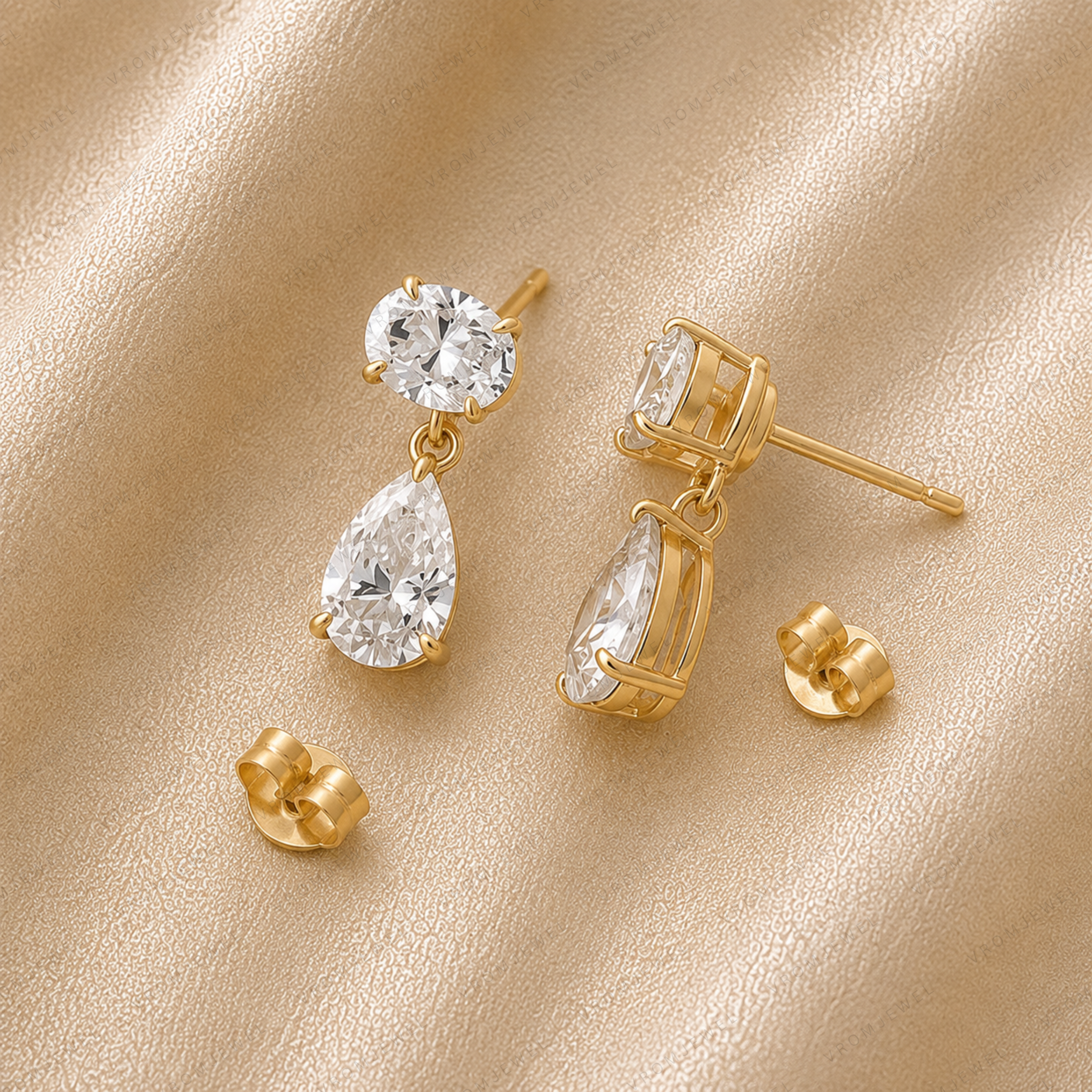 Oval & Pear Cut Lab Grown Diamond Two Stone Earrings in Solid 14K Gold