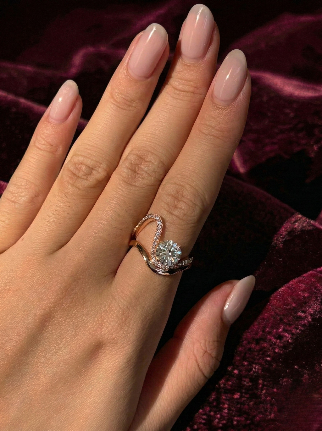 Round Lab Grown Diamond Engagement Ring, Twisted Pavé Diamond Ring, 14K Gold Infinity Style Ring, Unique Halo Diamond Ring
