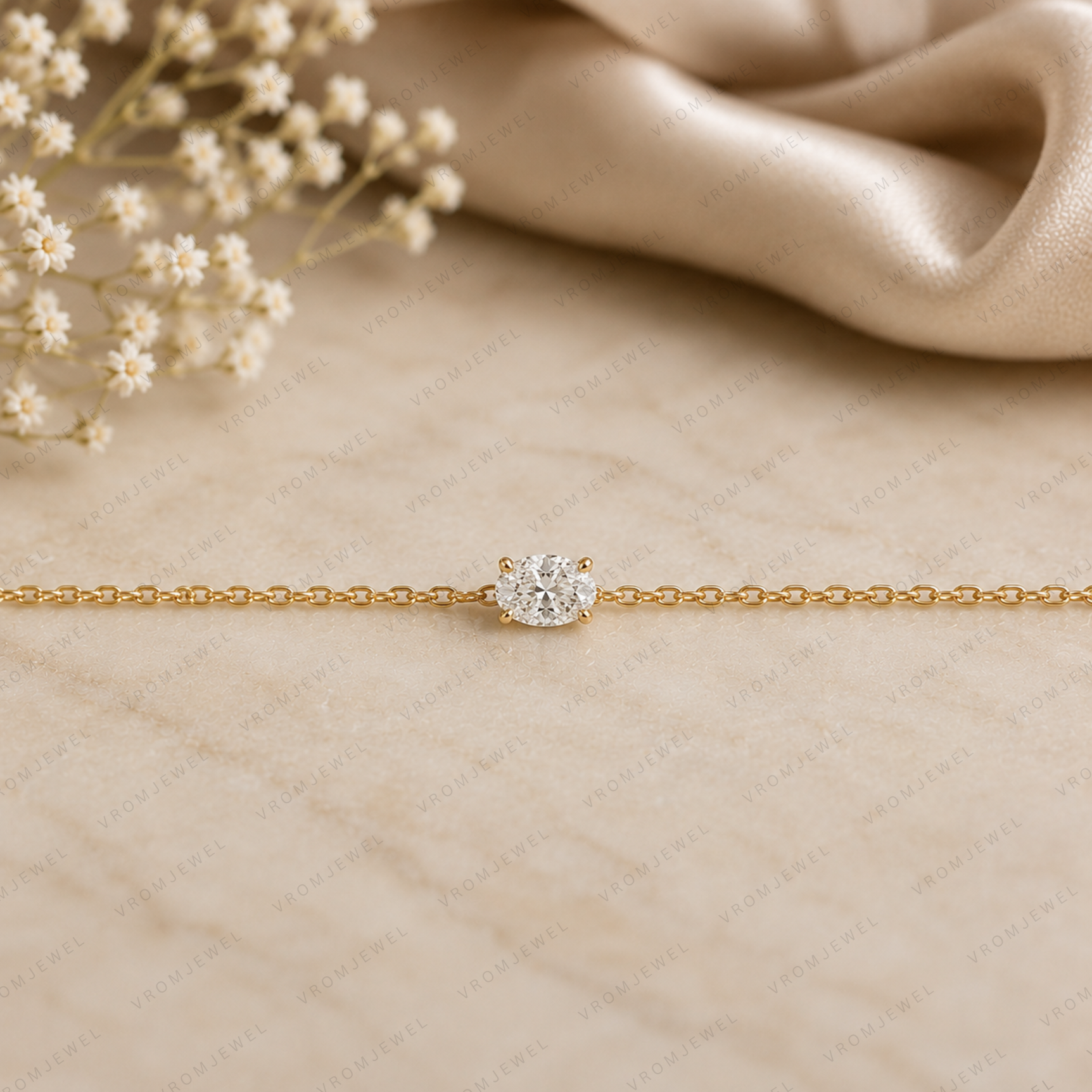 Minimalist Oval Lab Grown Diamond Solitaire Bracelet in Solid 14K Gold