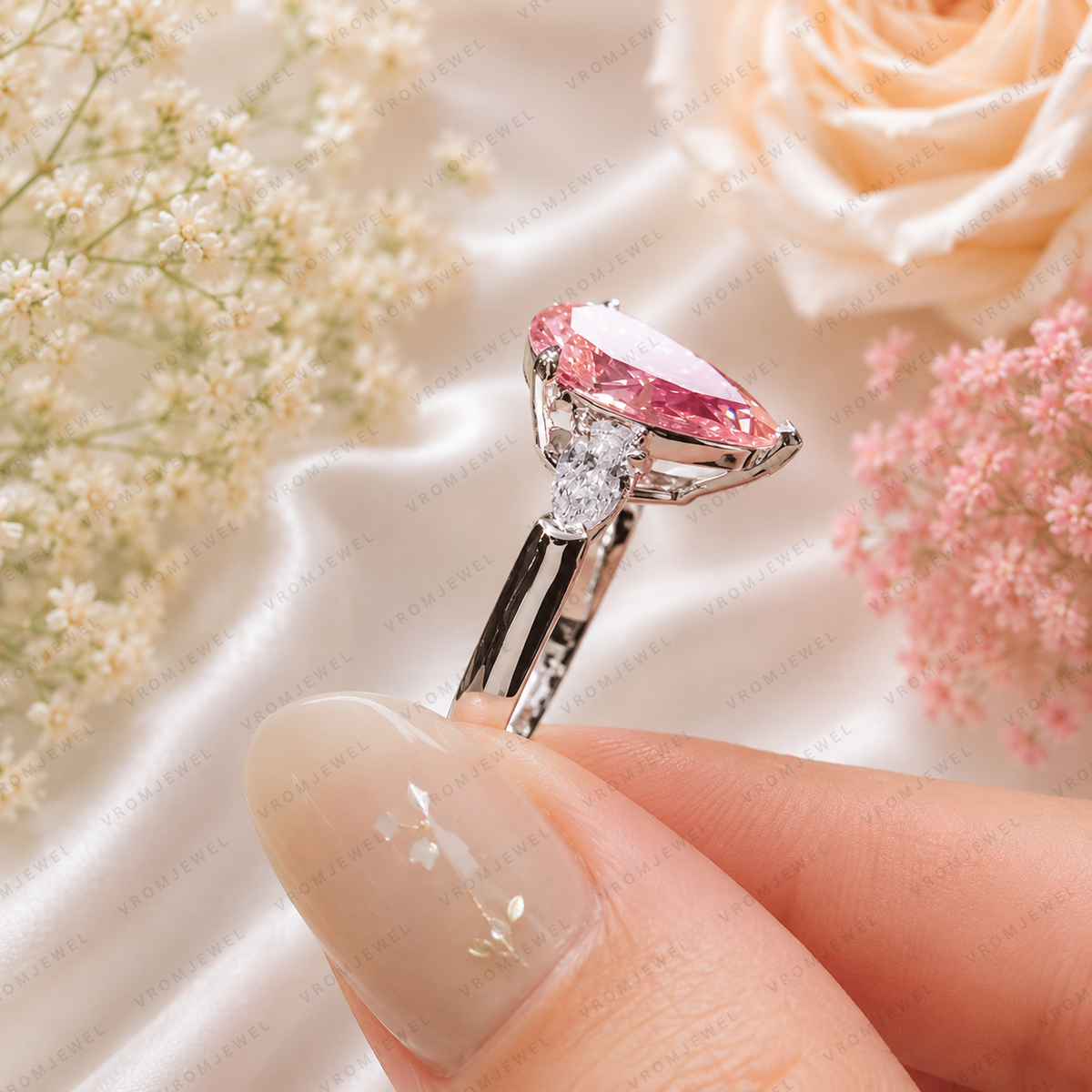 Pink Pear Shape Lab Grown Diamond Engagement Ring, Vintage Inspired Diamond Ring, Side Stone Ring, IGI Certified, 10K 14K 18K Gold