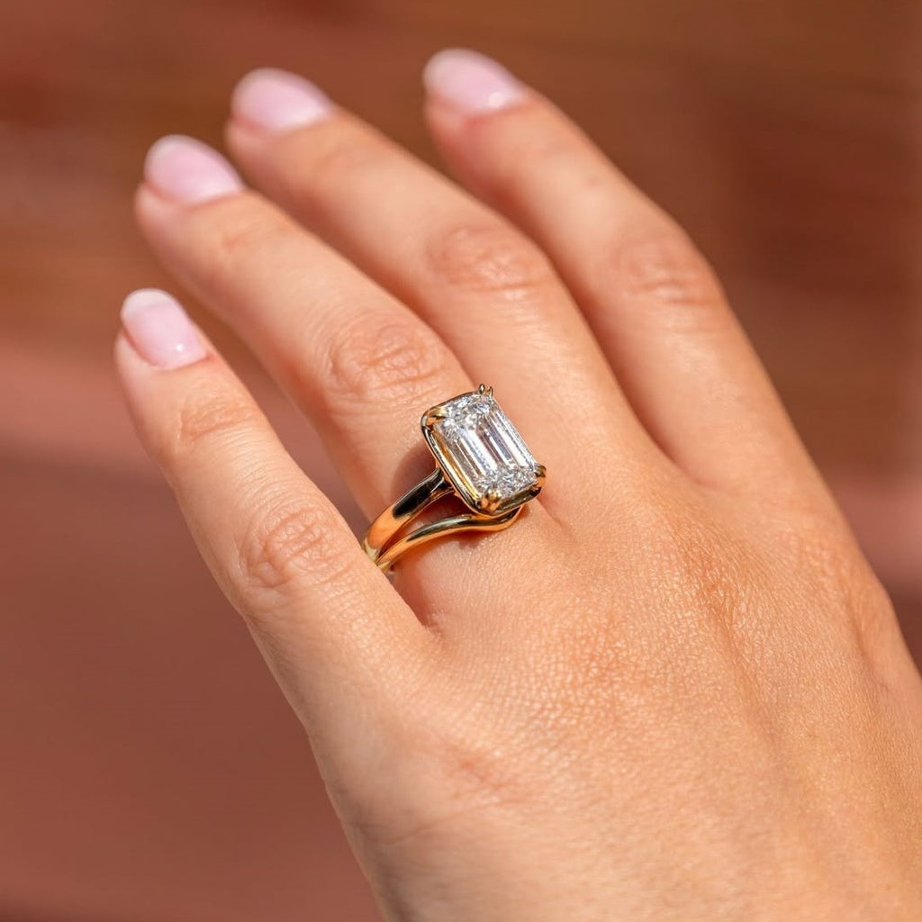 Modern Emerald Solitaire Bezel with 2 Prong Setting Engagement Ring | Lab Grown Diamond | 14K Yellow Gold