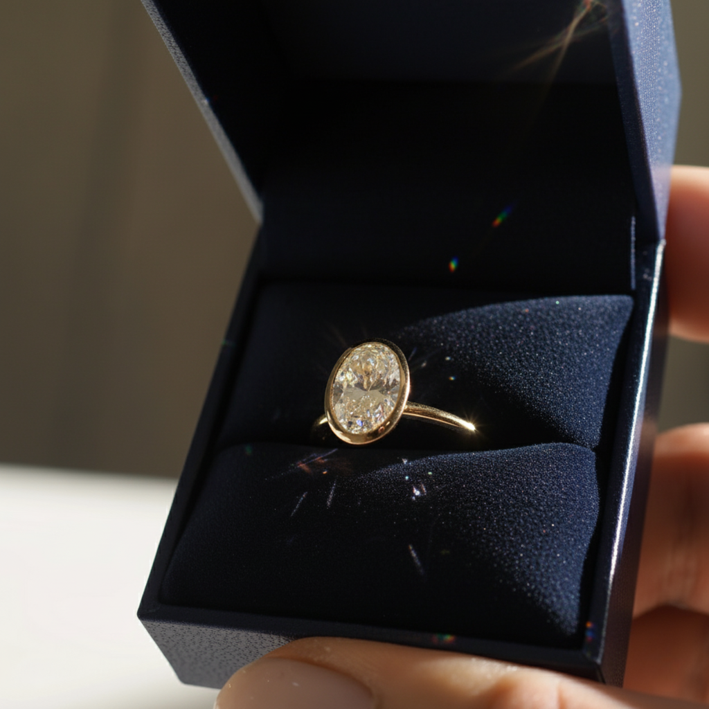 Oval Cut Bezel Set Solitaire Ring | Lab Grown Diamond | 14K Yellow Gold Modern Design