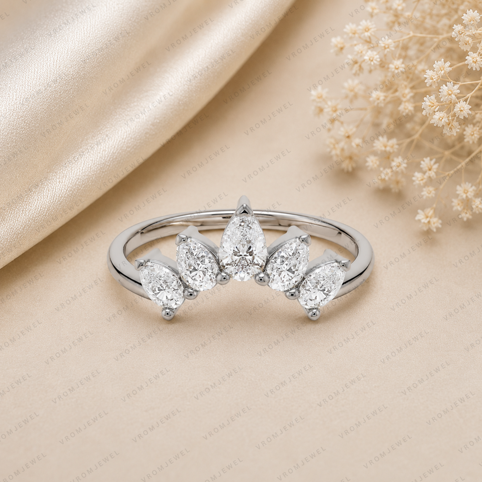 Curved Lab Grown Diamond Band with Pear Stones – Bridal Ring