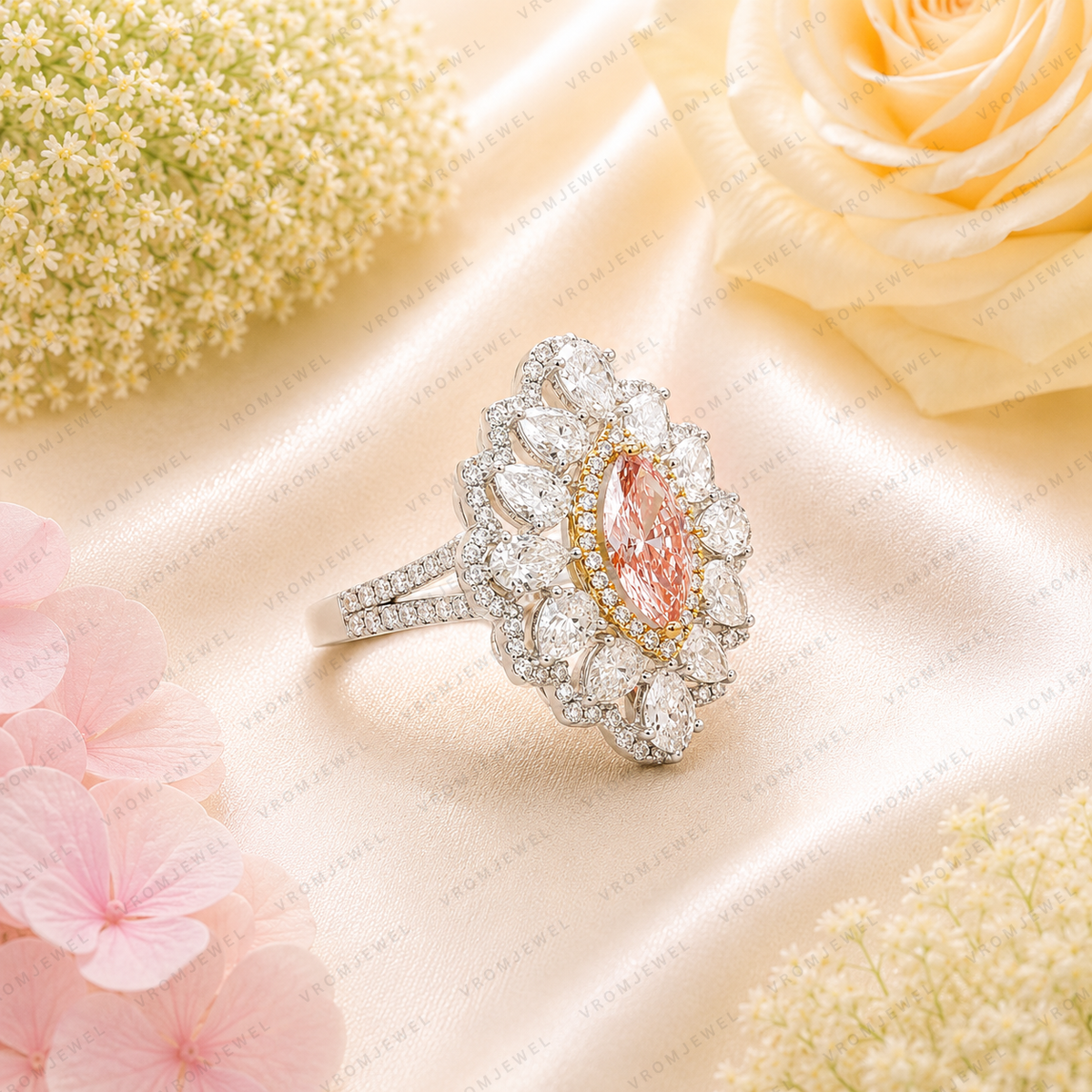 Pink Marquise Lab Grown Diamond Engagement Ring, Floral Halo Ring, Pear Shape Diamond Accents, Pink Diamond Ring, 10K 14K 18K Gold