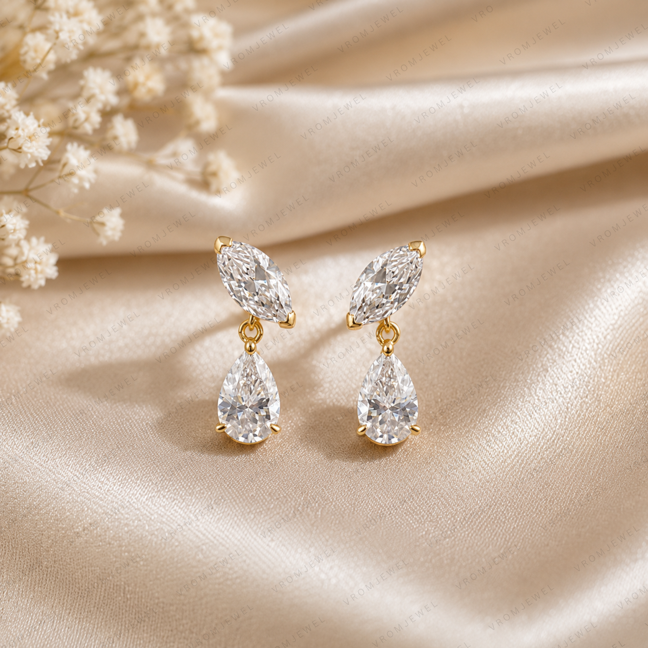 Marquise & Pear Cut Lab Grown Diamond Two Stone Earrings in Solid 14K Gold