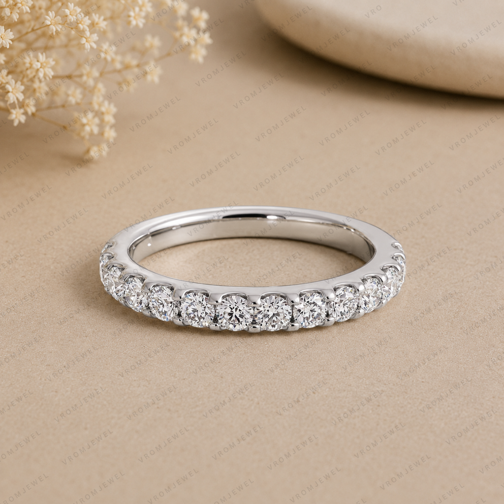 Round Lab Grown Diamond Half Eternity Wedding Band in Solid 14K Gold