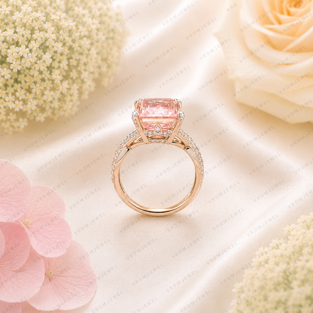 Pink Emerald Cut Lab Grown Diamond Engagement Ring, Halo Diamond Ring, Pink Diamond Ring, Pavé Band, 4 Prong Setting, 10K 14K 18K Gold